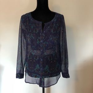 Sheer Printed Button Up Blouse